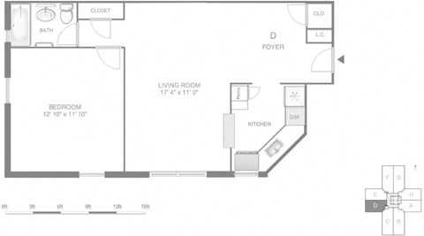 Floor plan for 1 bed, 1 bath, 653 sqft